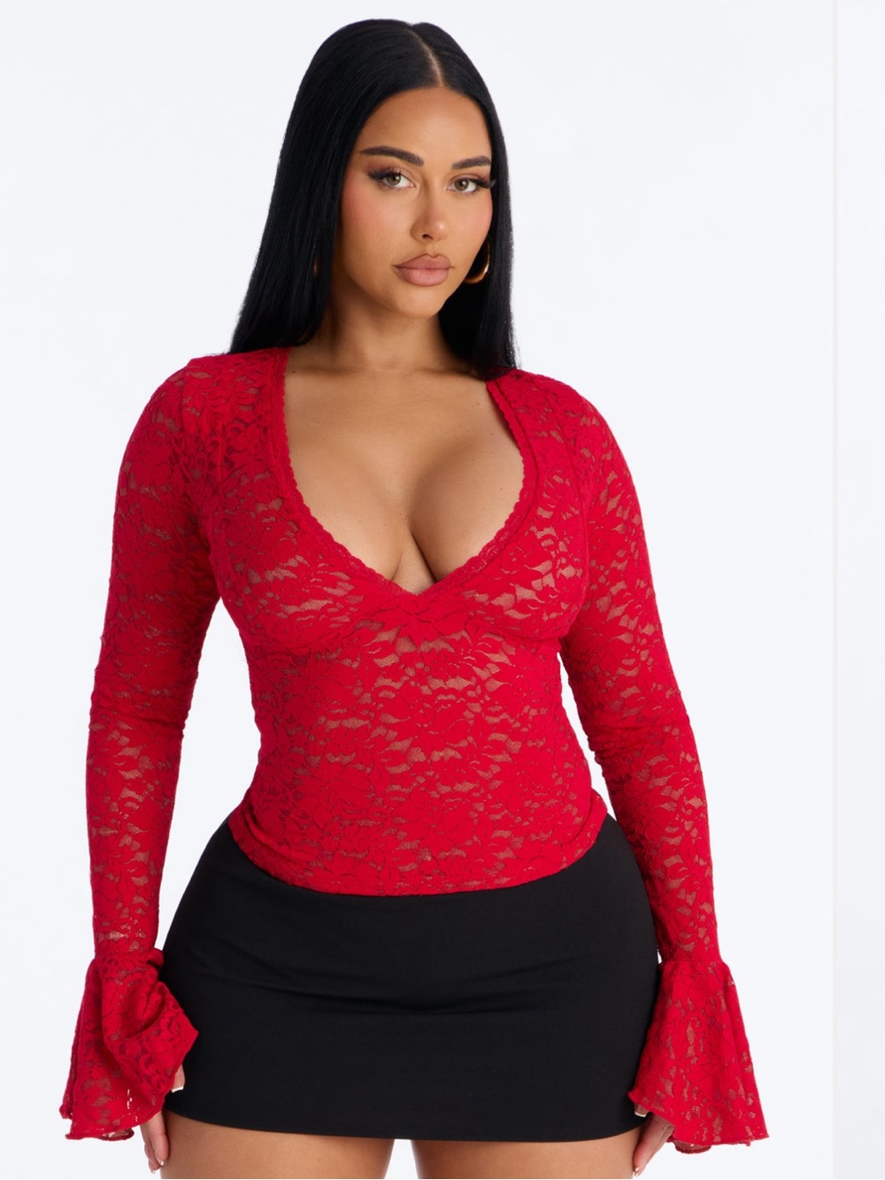 Fashion Nova Long Time Lover Ruffle Long Sleeve Lace Top - Red